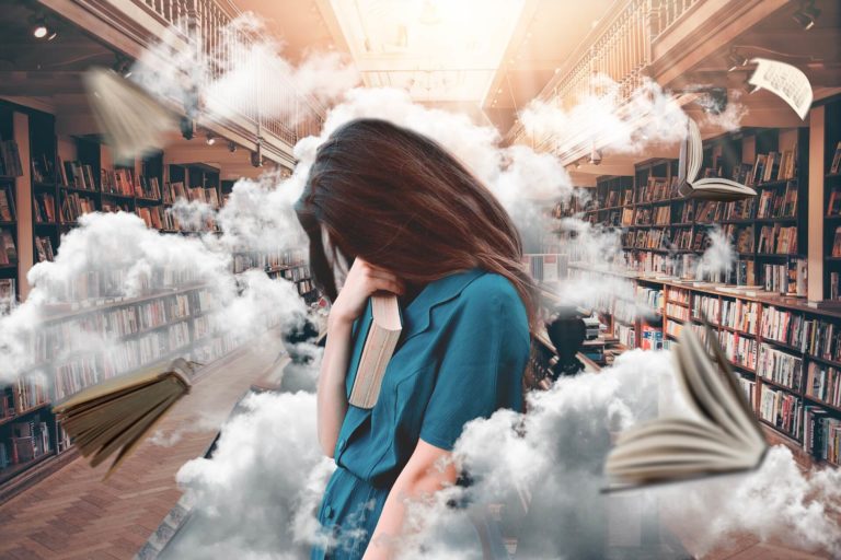 Stressed woman in a library