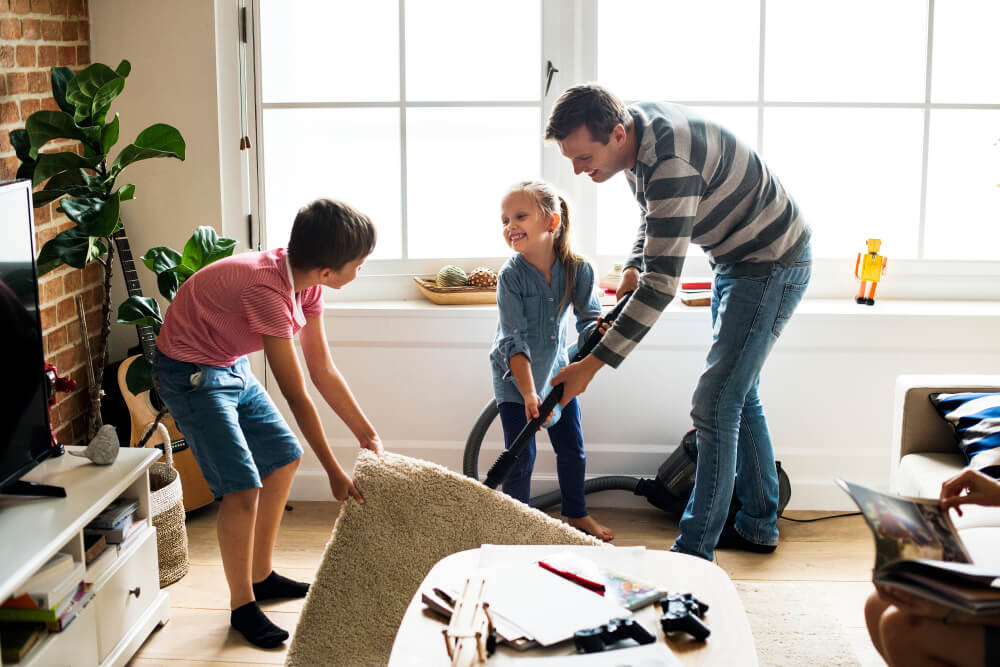 children helping in housecleaning